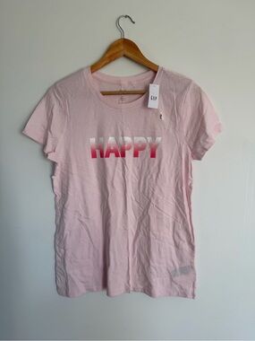 NWT GAP “Happy” Graphic T-Shirt | Pink Short Sleeve Tee | Size Large